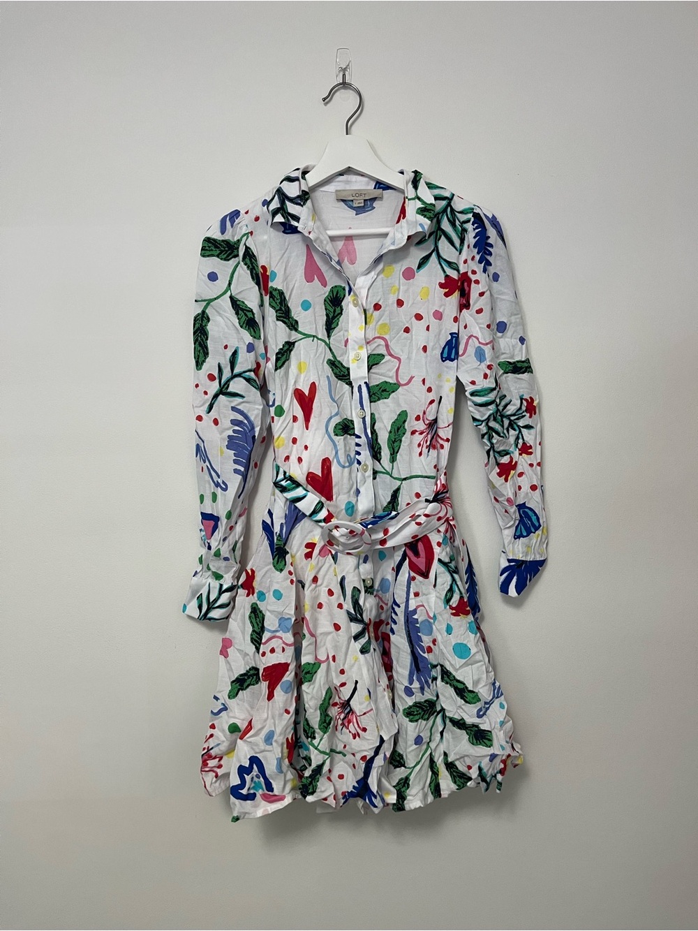 Loft Colorful Printed Long Sleeve Button Front Belted Mini Dress Size 0